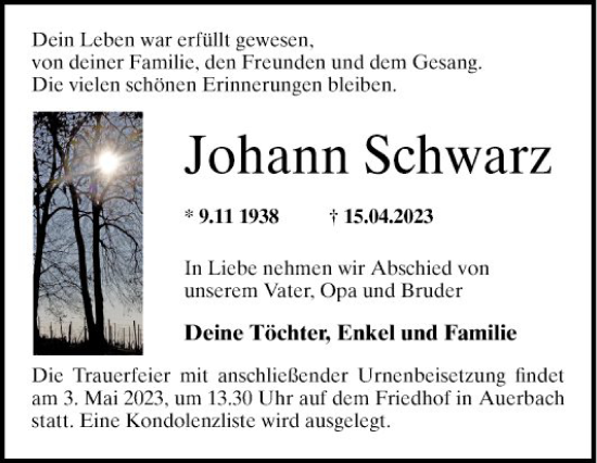 Traueranzeige von Johann Schwarz von Bergsträßer Anzeiger