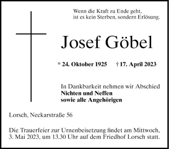 Traueranzeige von Josef Göbel von Bergsträßer Anzeiger