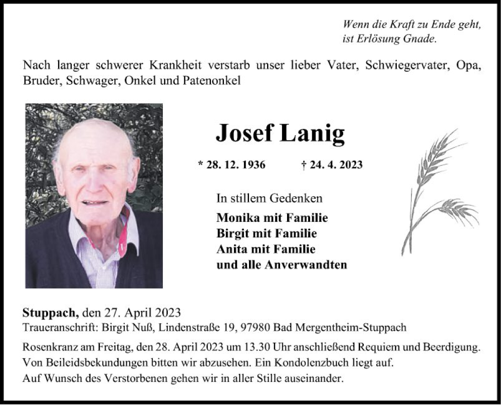  Traueranzeige für Josef Lanig vom 27.04.2023 aus Fränkische Nachrichten