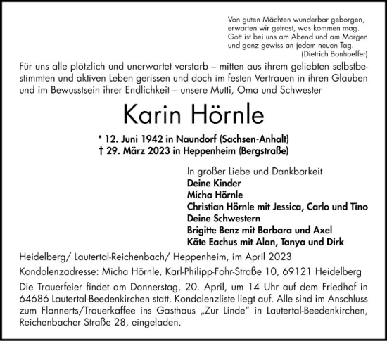 Traueranzeige von Karin Hörnle von Bergsträßer Anzeiger