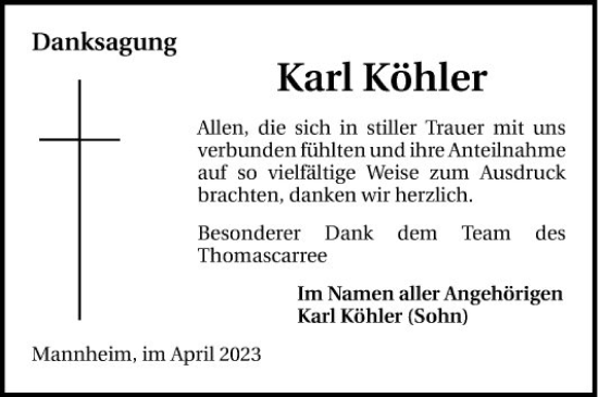 Traueranzeige von Karl Köhler von Mannheimer Morgen