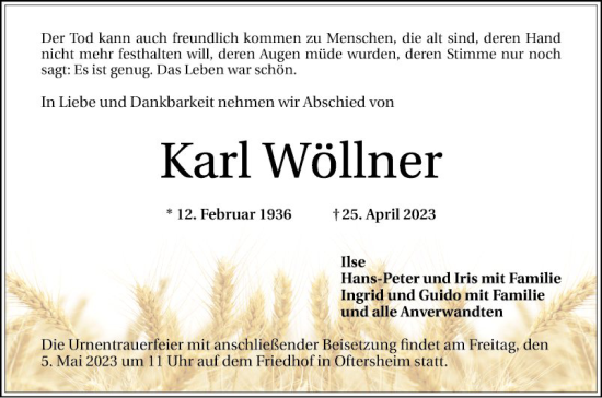 Traueranzeige von Karl Wöllner von Schwetzinger Zeitung