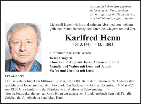 Traueranzeige von Karlfred Henn von Fränkische Nachrichten