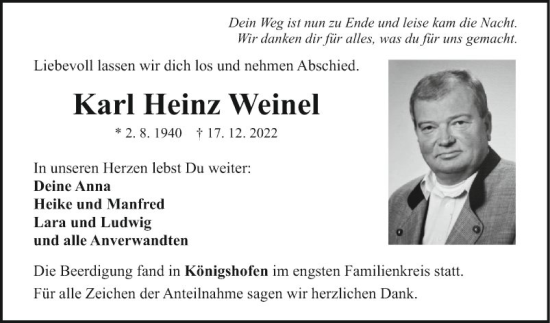 Traueranzeige von Karl Heinz Weinel von Fränkische Nachrichten