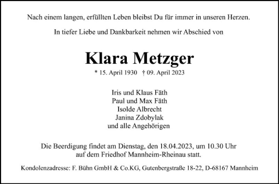 Traueranzeige von Klara Metzger von Mannheimer Morgen