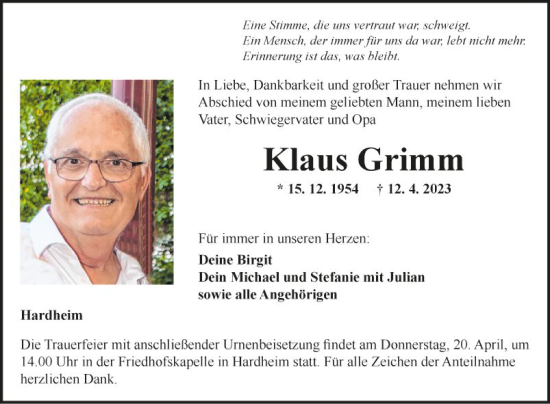 Traueranzeige von Klaus Grimm von Fränkische Nachrichten