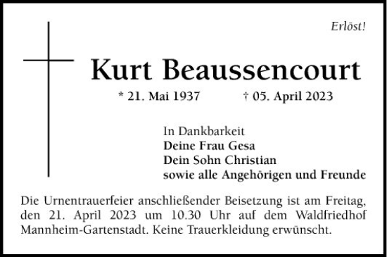 Traueranzeige von Kurt Beaussencourt von Mannheimer Morgen