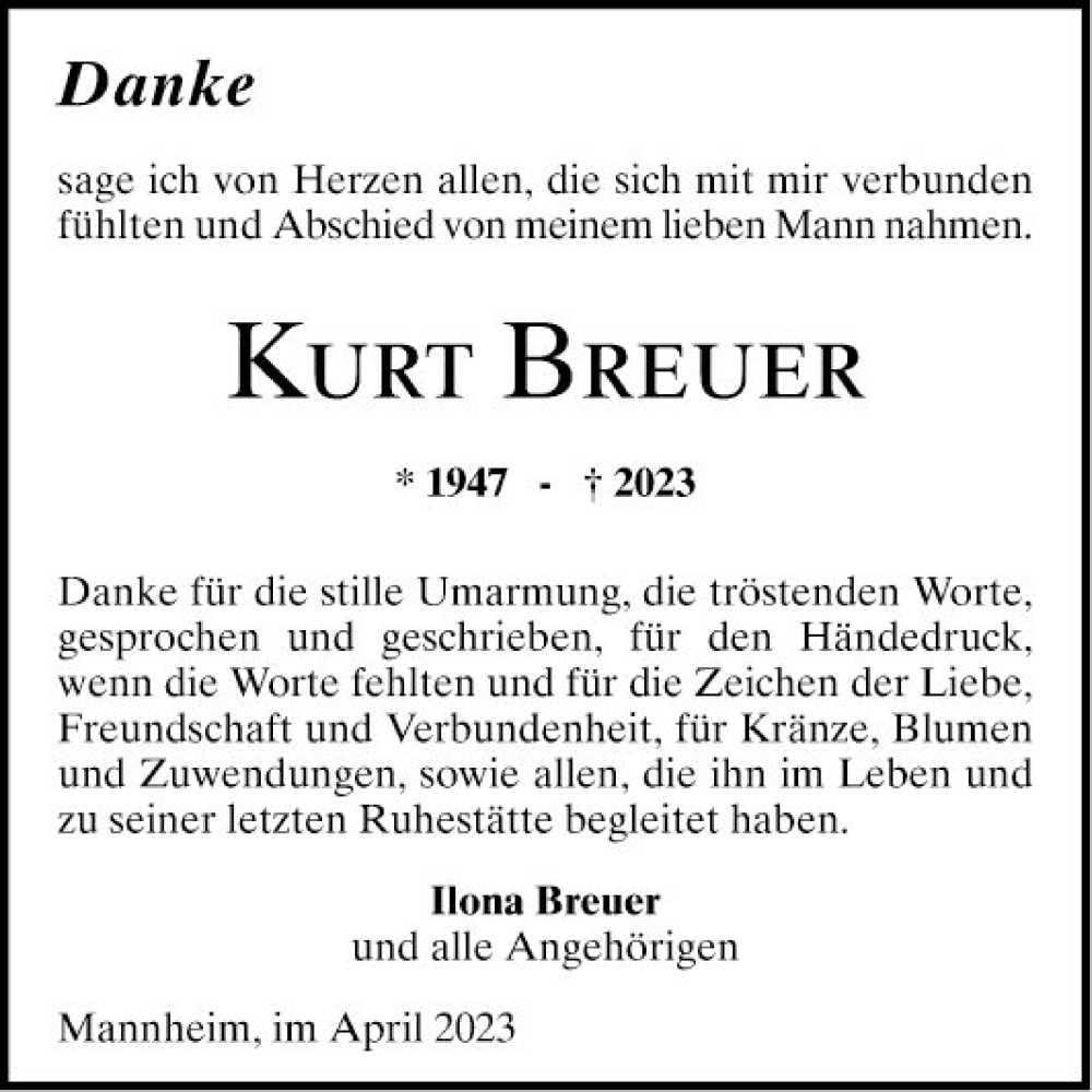  Traueranzeige für Kurt Breuer vom 29.04.2023 aus Mannheimer Morgen