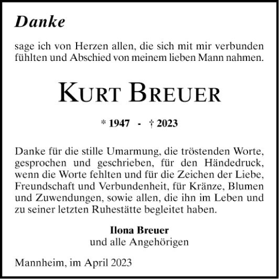 Traueranzeige von Kurt Breuer von Mannheimer Morgen