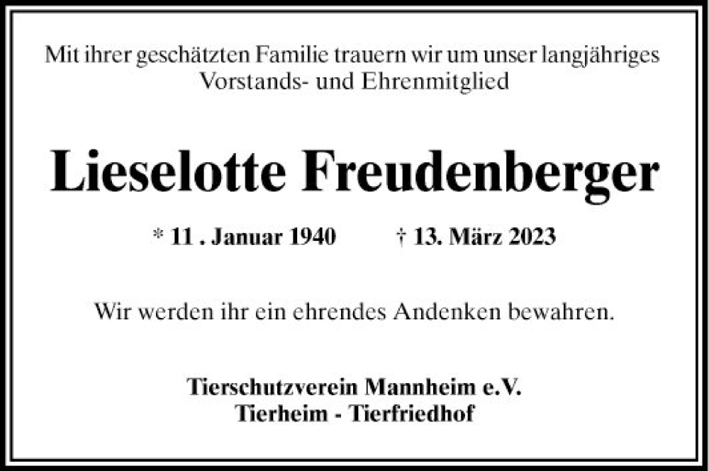  Traueranzeige für Lieselotte Freudenberger vom 05.04.2023 aus Mannheimer Morgen