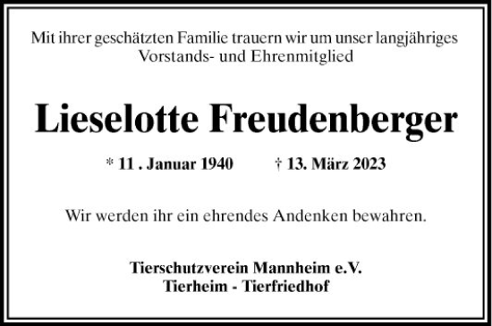 Traueranzeige von Lieselotte Freudenberger von Mannheimer Morgen