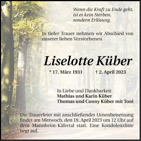 Traueranzeige von Liselotte Küber von Mannheimer Morgen