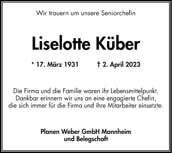 Traueranzeige von Liselotte Küber von Mannheimer Morgen