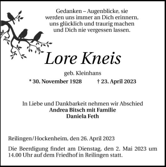 Traueranzeige von Lore Kneis von Schwetzinger Zeitung