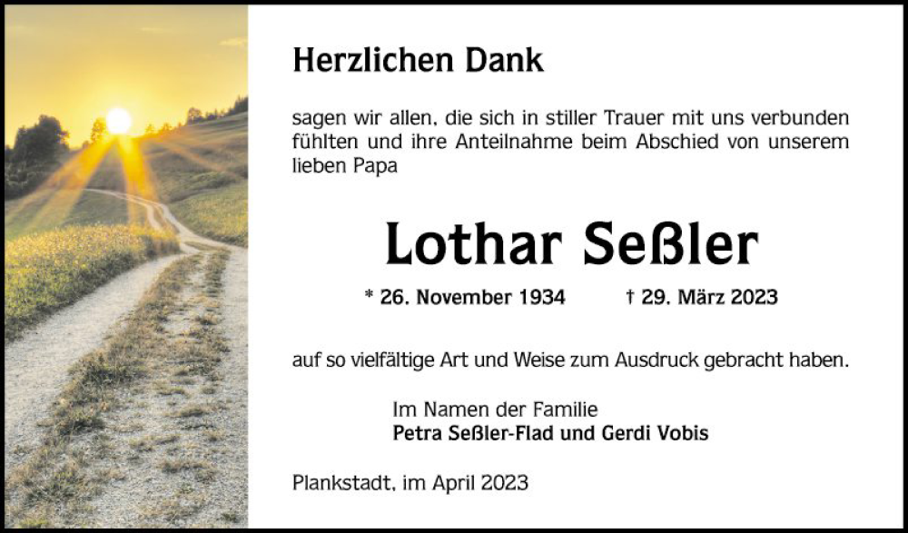 Traueranzeige für Lothar Seßler vom 22.04.2023 aus Schwetzinger Zeitung