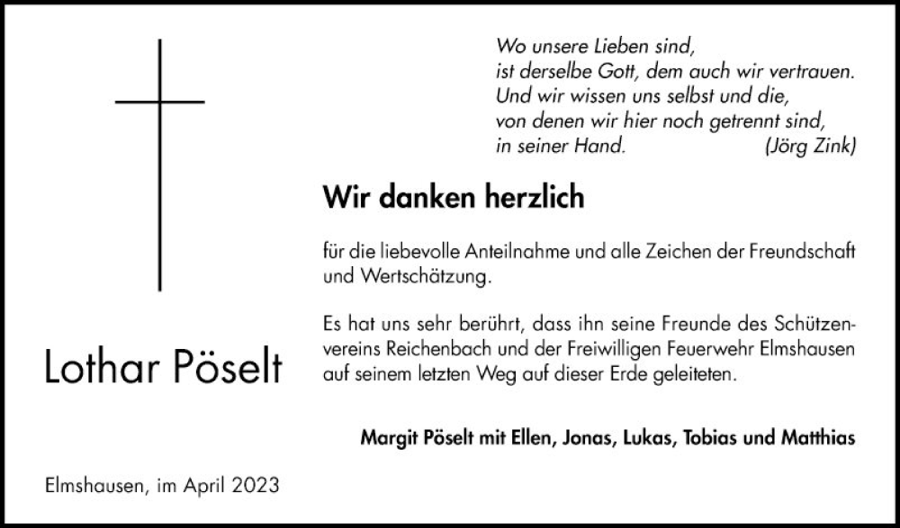  Traueranzeige für Lothar Franz Pöselt vom 22.04.2023 aus Bergsträßer Anzeiger