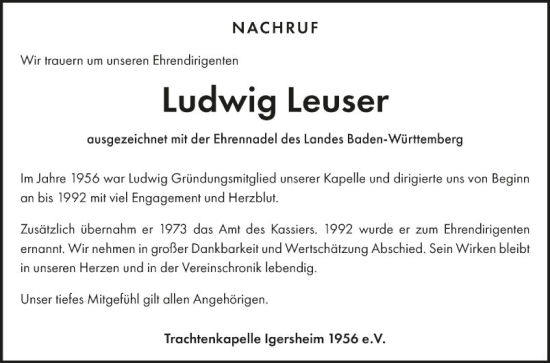 Traueranzeige von Ludwig Leuser von Fränkische Nachrichten