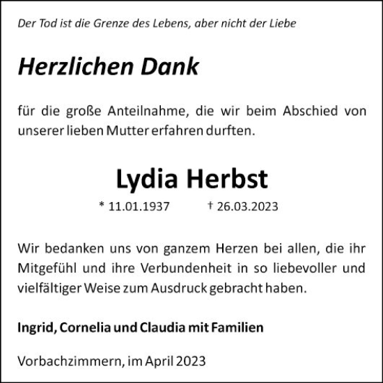 Traueranzeige von Lydia Herbst von Fränkische Nachrichten