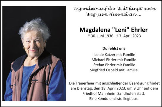 Traueranzeige von Magdalena Ehrler von Mannheimer Morgen