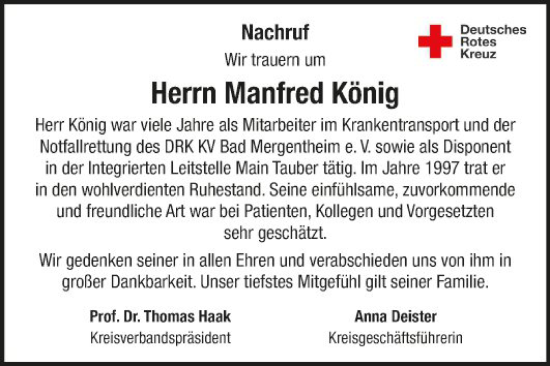 Traueranzeige von Manfred König von Fränkische Nachrichten