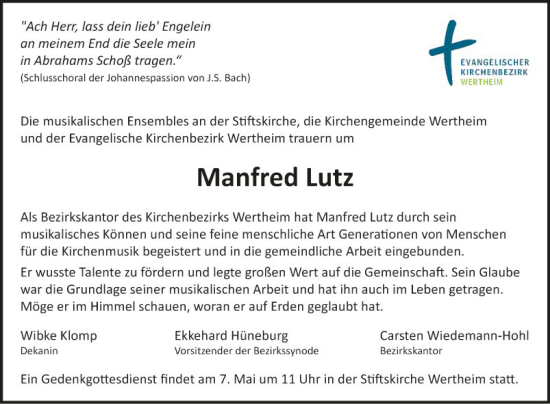 Traueranzeige von Manfred Lutz von Fränkische Nachrichten