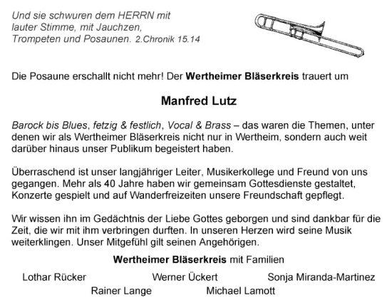 Traueranzeige von Manfred Lutz von Fränkische Nachrichten