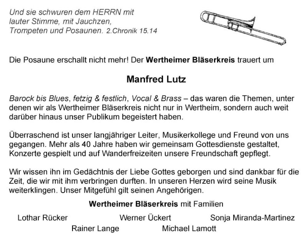  Traueranzeige für Manfred Lutz vom 22.04.2023 aus Fränkische Nachrichten