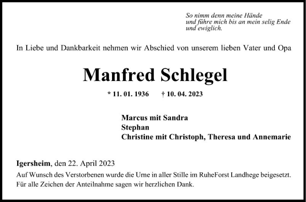  Traueranzeige für Manfred Schlegel vom 22.04.2023 aus Fränkische Nachrichten