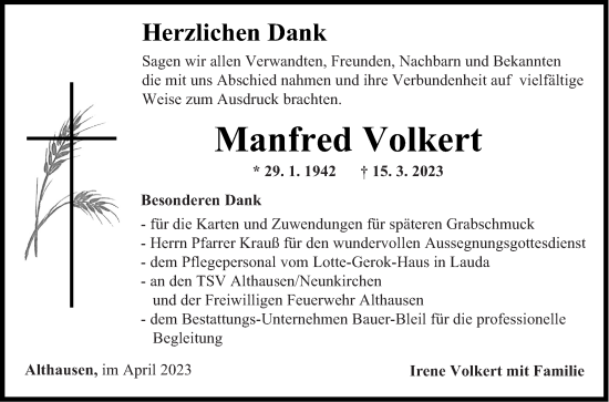 Traueranzeige von Manfred Volkert von Fränkische Nachrichten