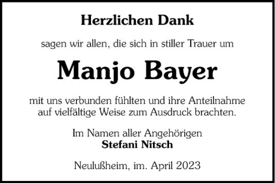 Traueranzeige von Manjo Bayer von Schwetzinger Zeitung