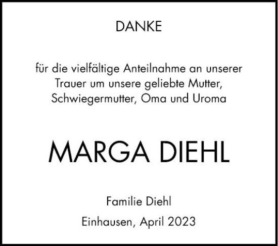 Traueranzeige von Marga Diehl von Bergsträßer Anzeiger