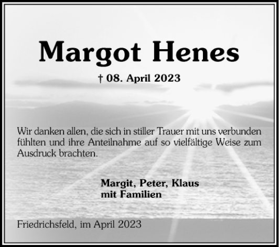 Traueranzeige von Margot Henes von Mannheimer Morgen