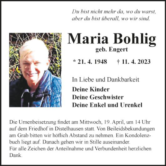 Traueranzeige von Maria Bohlig von Fränkische Nachrichten