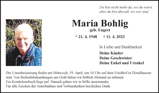 Traueranzeige von Maria Bohlig von Fränkische Nachrichten