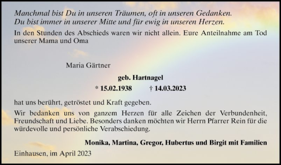 Traueranzeige von Maria Gärtner von Bergsträßer Anzeiger