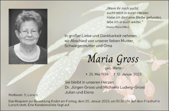 Traueranzeige von Maria Gross von Bergsträßer Anzeiger