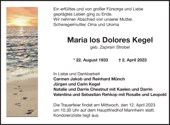 Traueranzeige von Maria los Dolores Kegel von Mannheimer Morgen