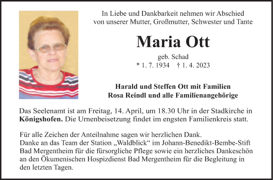 Traueranzeige von Maria Ott von Fränkische Nachrichten