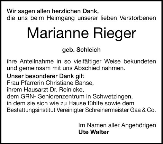 Traueranzeige von Marianne Rieger von Schwetzinger Zeitung