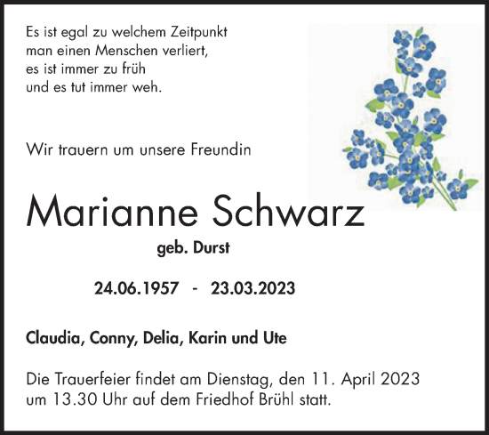 Traueranzeige von Marianne Schwarz von Schwetzinger Zeitung