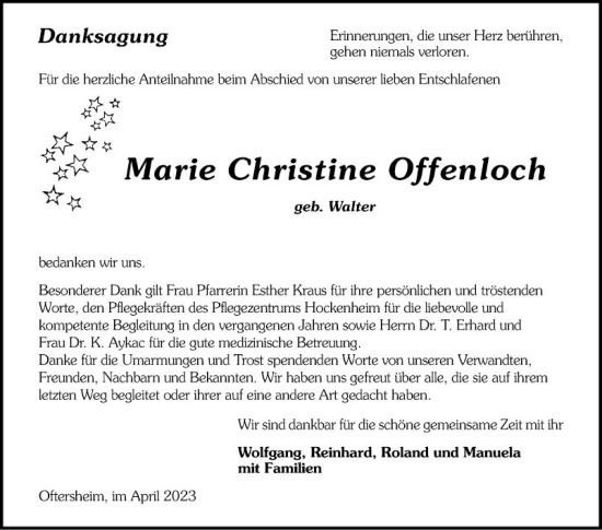 Traueranzeige von Marie Christine Offenloch von Schwetzinger Zeitung