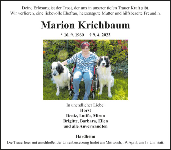 Traueranzeige von Marion Krichbaum von Fränkische Nachrichten