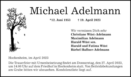 Traueranzeige von Michael Adelmann von Schwetzinger Zeitung