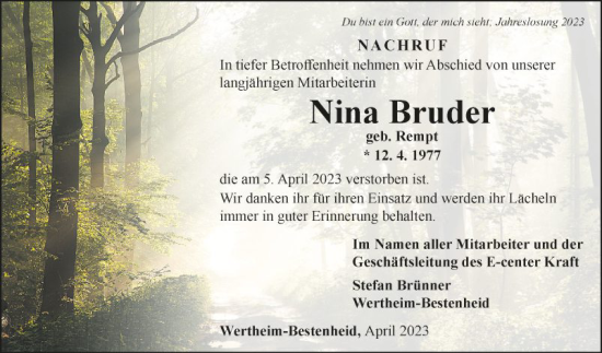 Traueranzeige von Nina Bruder von Fränkische Nachrichten