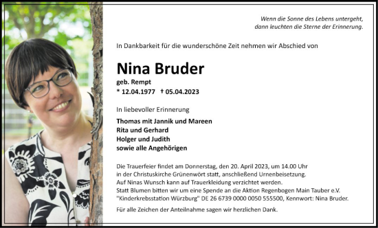 Traueranzeige von Nina Bruder von Fränkische Nachrichten