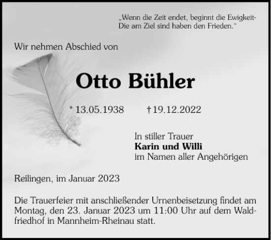 Traueranzeige von Otto Bühler von Schwetzinger Zeitung