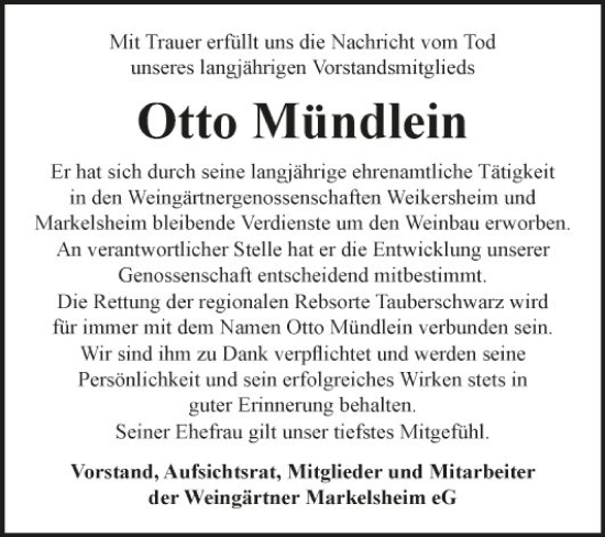 Traueranzeige von Otto Mündlein von Fränkische Nachrichten