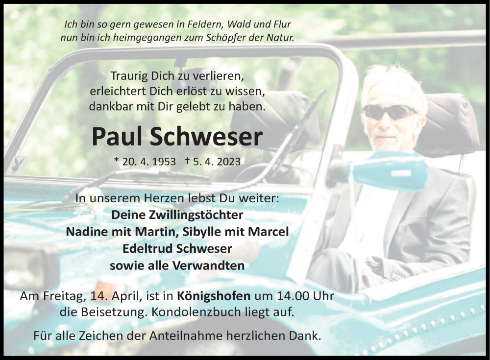  Traueranzeige für Paul Schweser vom 08.04.2023 aus Fränkische Nachrichten