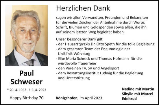 Traueranzeige von Paul Schweser von Fränkische Nachrichten