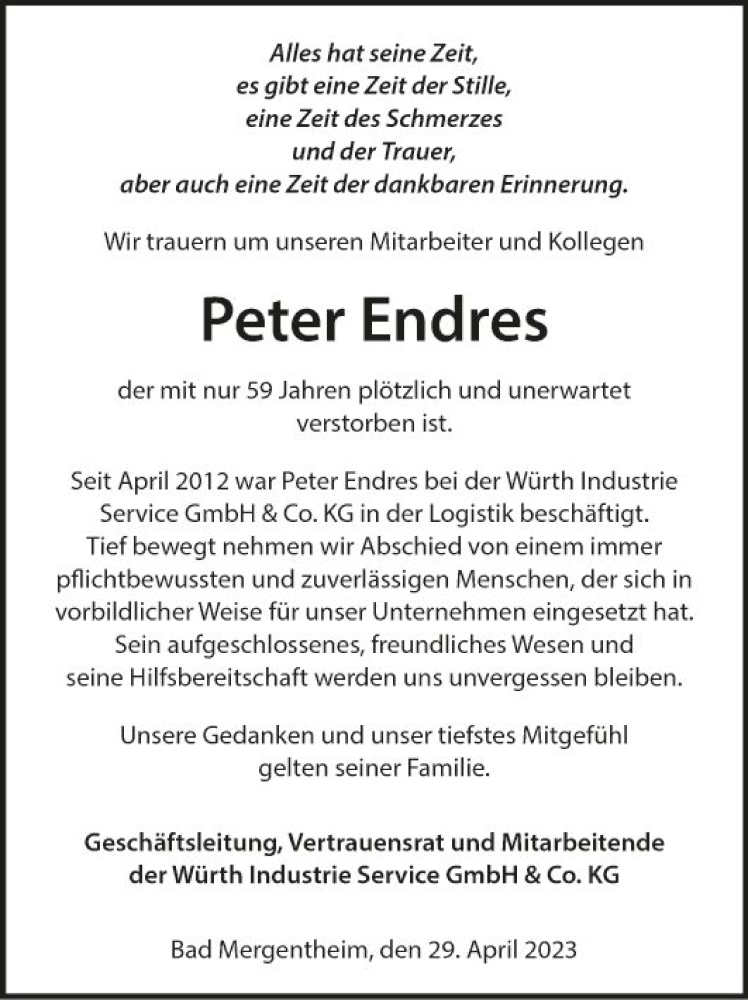  Traueranzeige für Peter Endres vom 29.04.2023 aus Fränkische Nachrichten